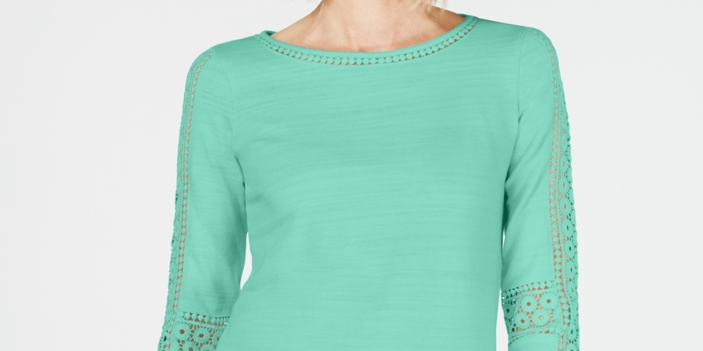 Charter Club Women's Crochet Sleeve Top Blue Size Petite X-Large