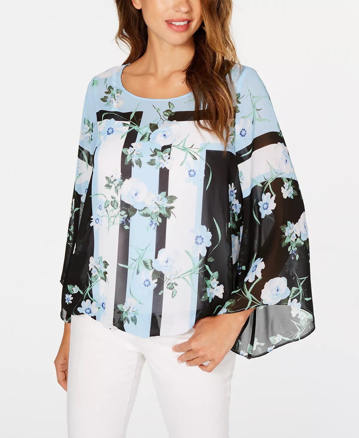 Alfani Women's Petite Printed Angel-Sleeve Blouse Navy Size Petite X-Large