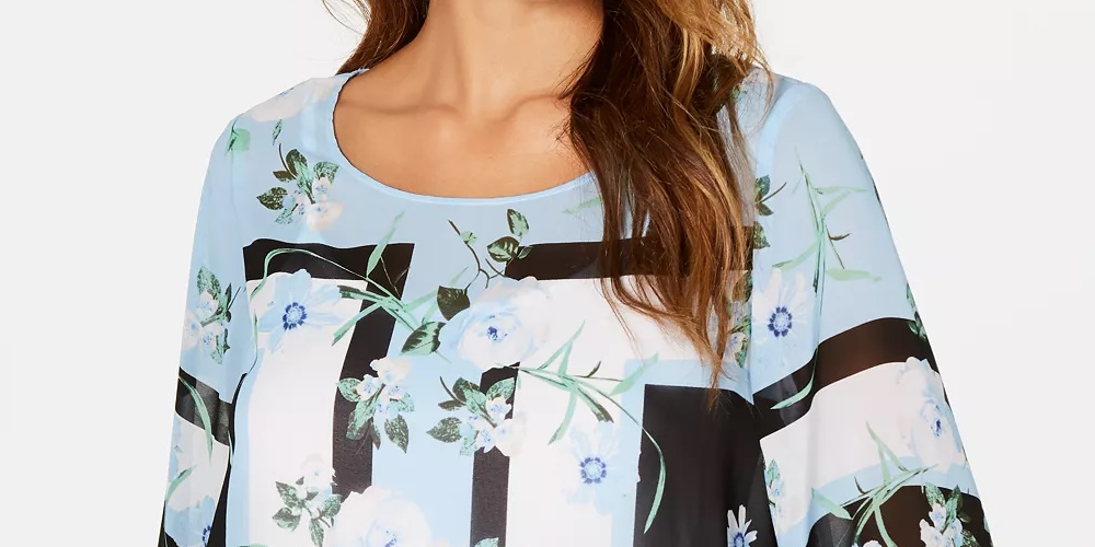 Alfani Women's Petite Printed Angel-Sleeve Blouse Navy Size Petite X-Large