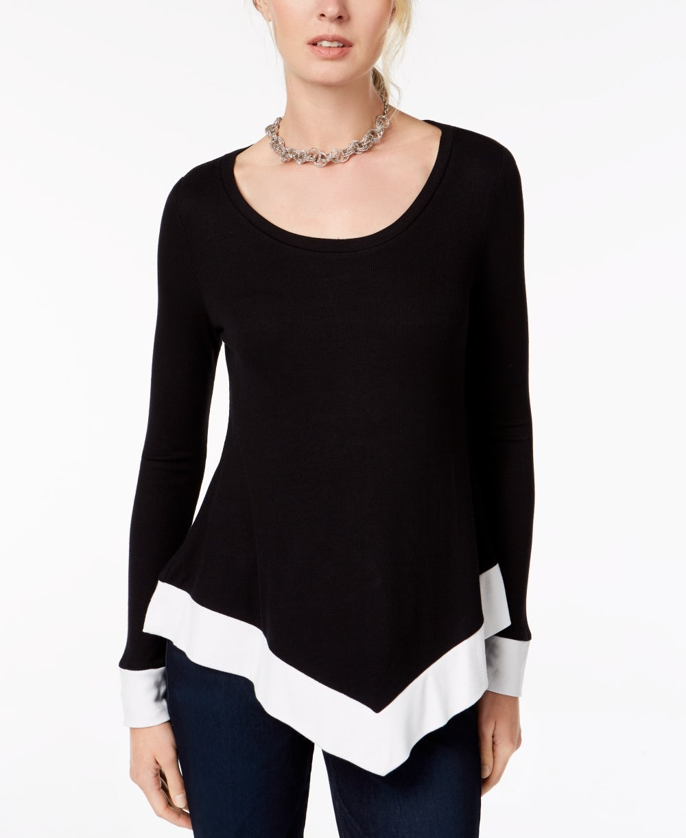 INC International Concepts Women's Petite Colorblocked Handkerchief Hem Top Black Size Petite