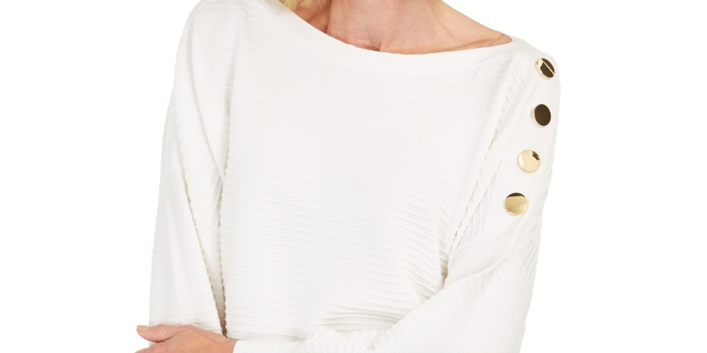 JM Collection Women's Button Sleeve Sweater White Size Small