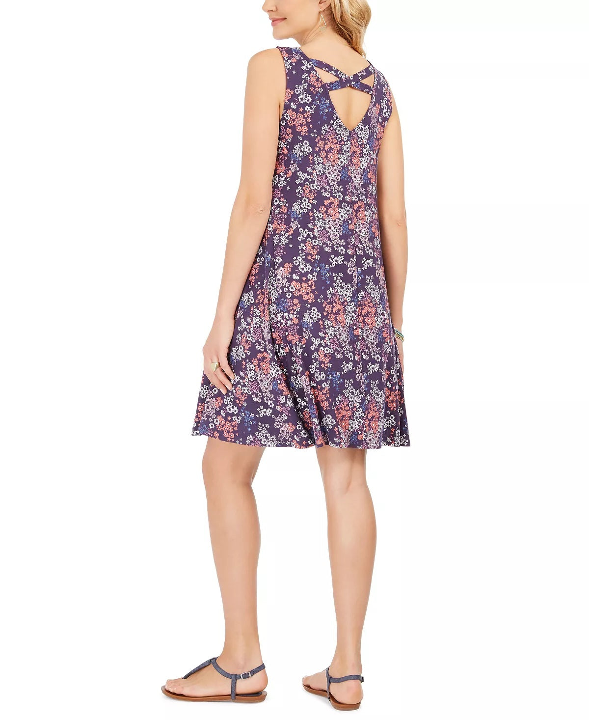 Style & Co Women's Sleeveless Printed Strappy-Back Dress Purple Size Small