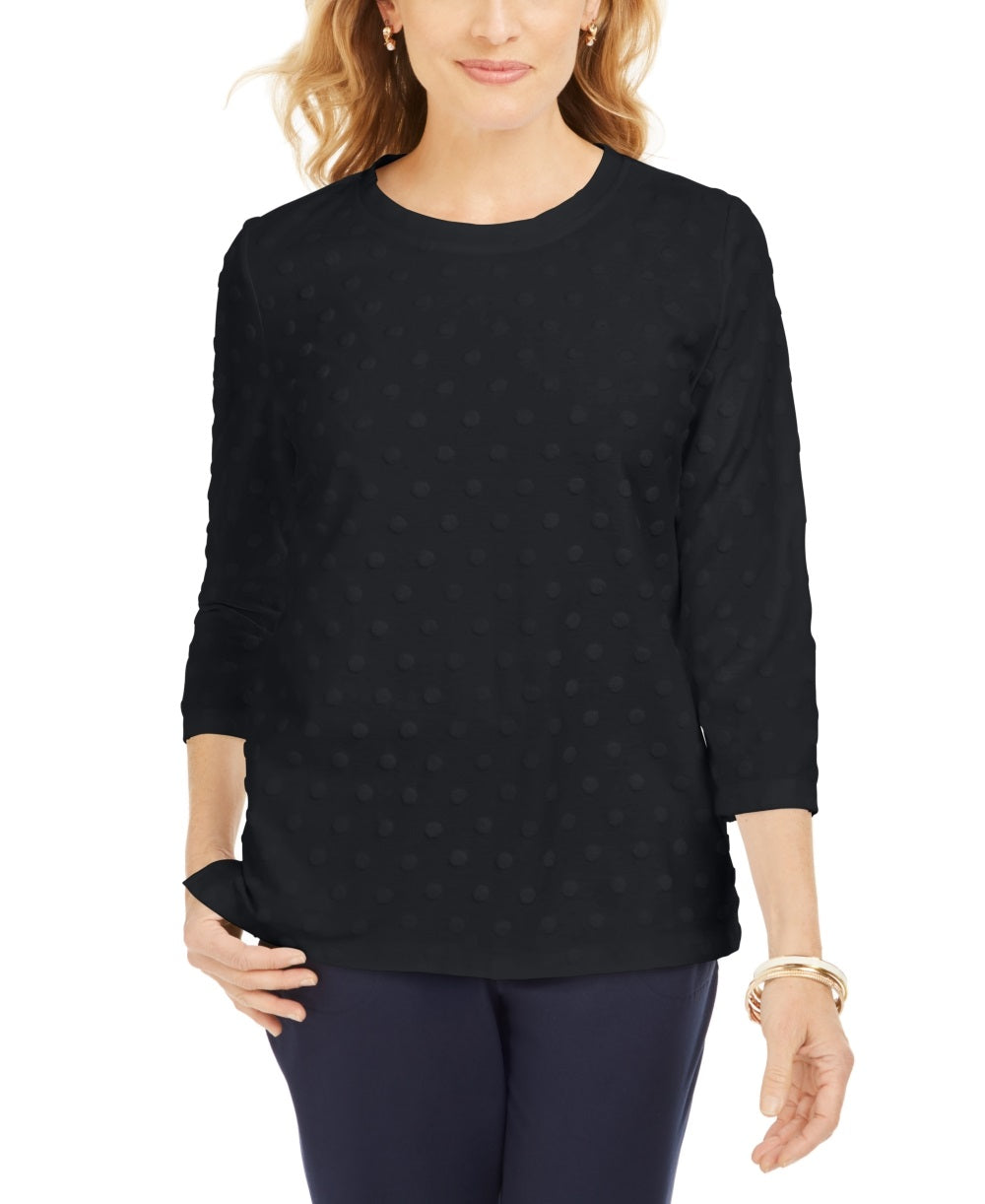 Karen Scott Women's Textured Dot Sweatshirt Black Size Petite Small-Medium