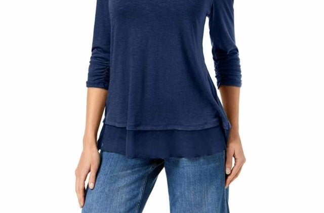 Style & Co Women's Chiffon Hem Top Blue Size Small