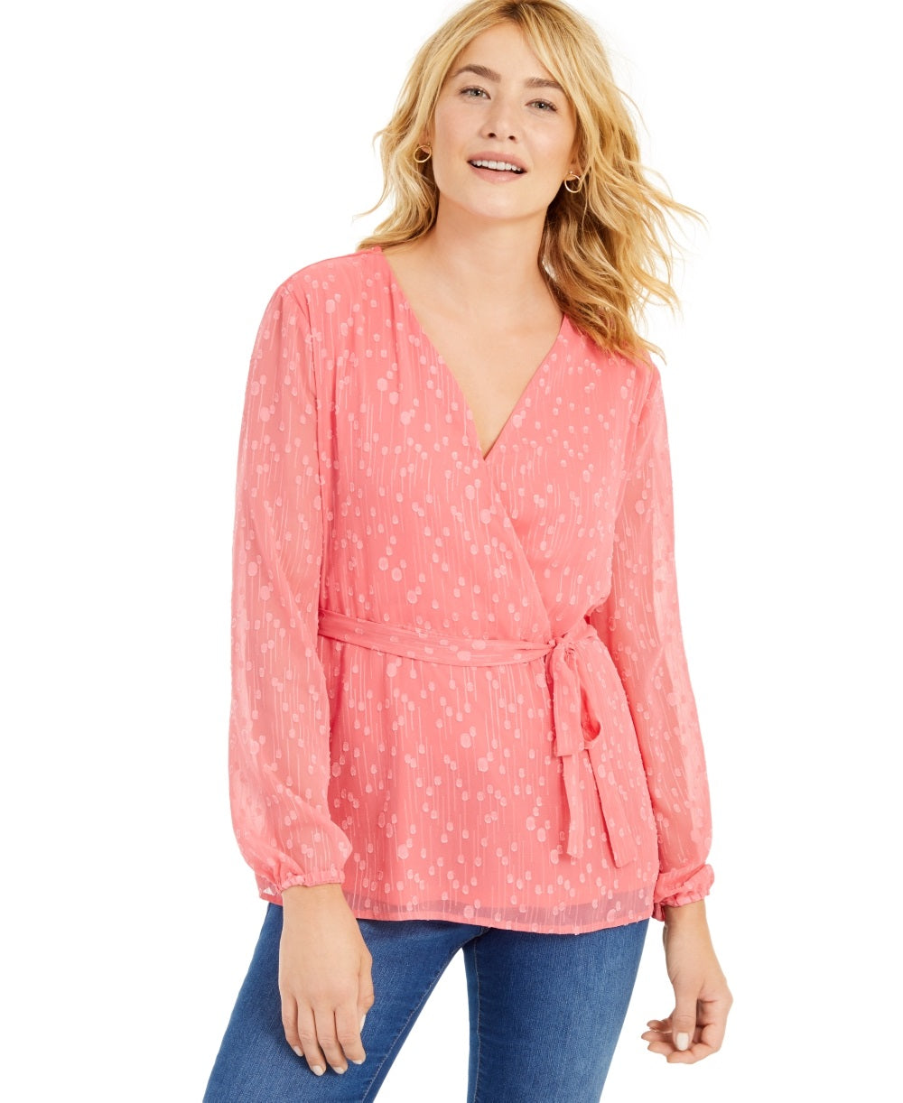 Charter Club Women's Clip Dot Wrap Top Pink- Size XX-Large