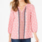 Charter Club Women's Printed Split Neck 3/4 Sleeve Top Pink Size Large