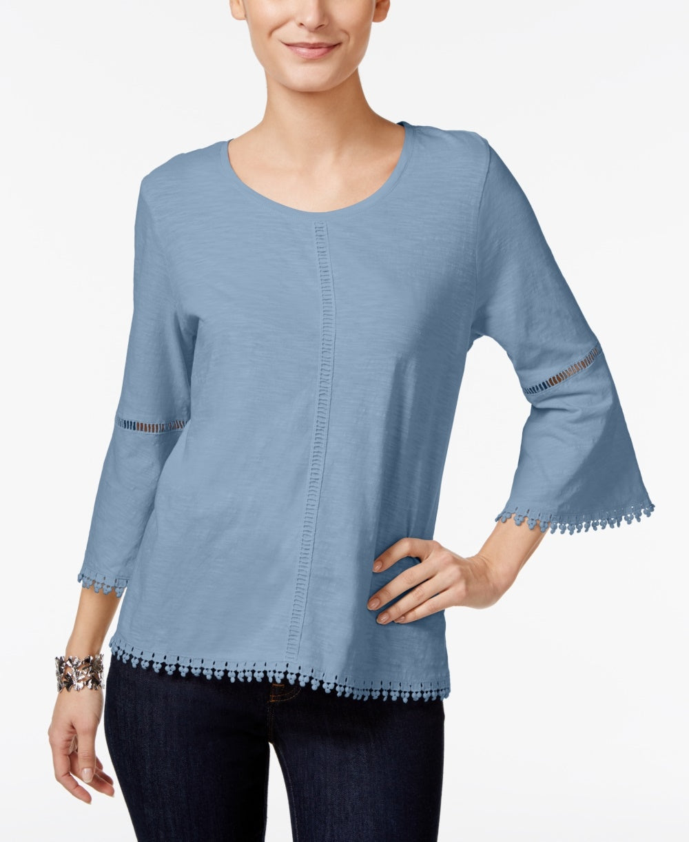 Style & Co Women's Crochet Trim Bell Sleeve Top Blue Size PS
