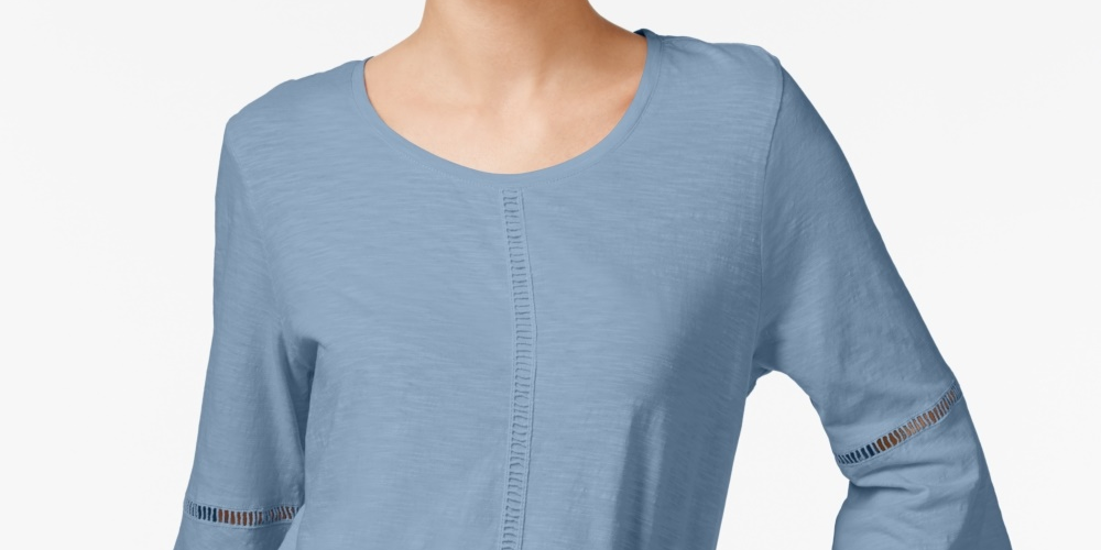 Style & Co Women's Crochet Trim Bell Sleeve Top Blue Size PS