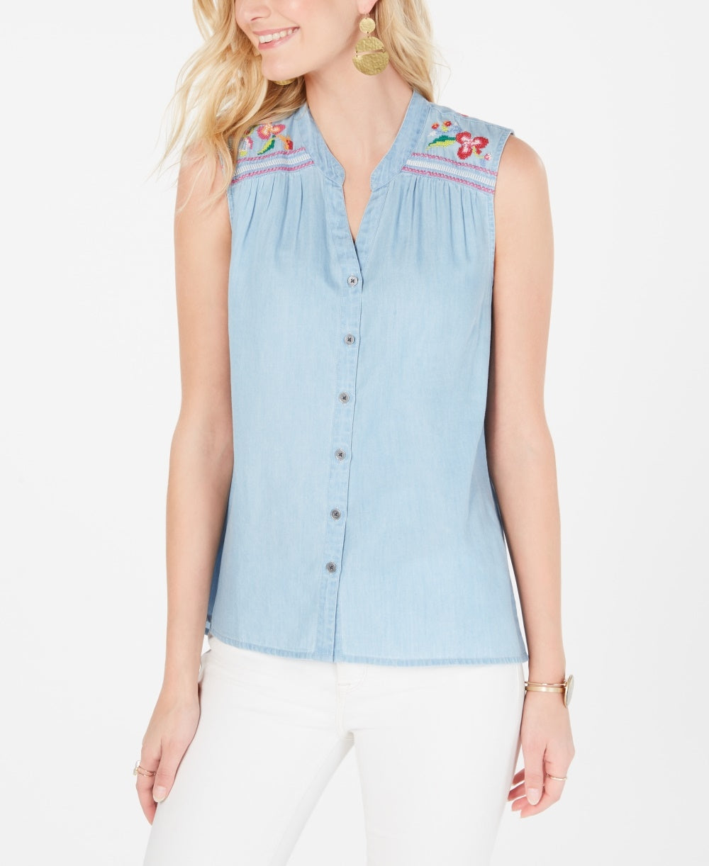Style & Co Women's Petite Embroidery-Trim Top Blue PP