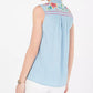Style & Co Women's Petite Embroidery-Trim Top Blue PP