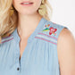 Style & Co Women's Petite Embroidery-Trim Top Blue PP