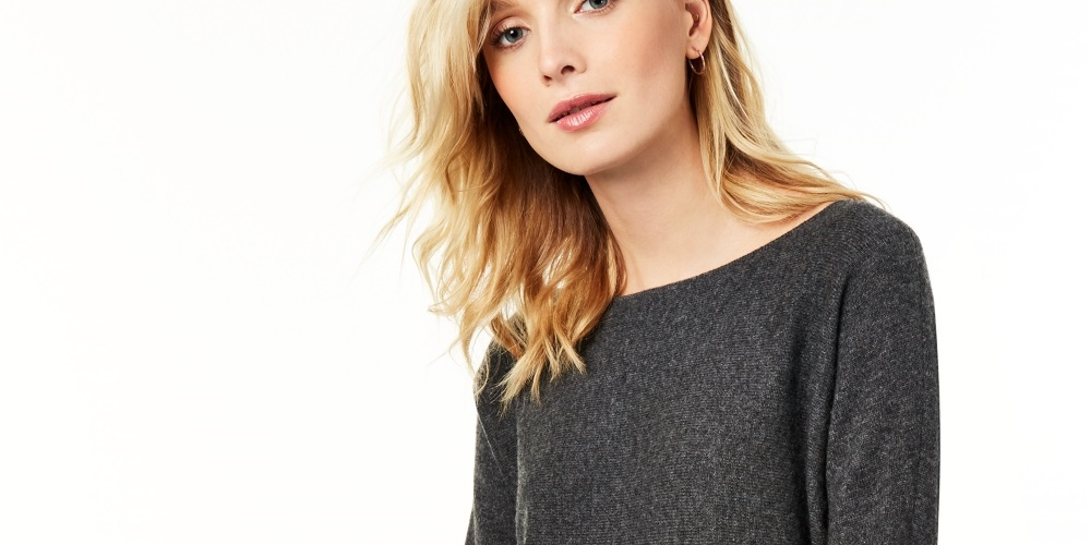 Charter Club Women's Pure Cashmere Long Sleeve Shirttail Sweater Gray Size Medium