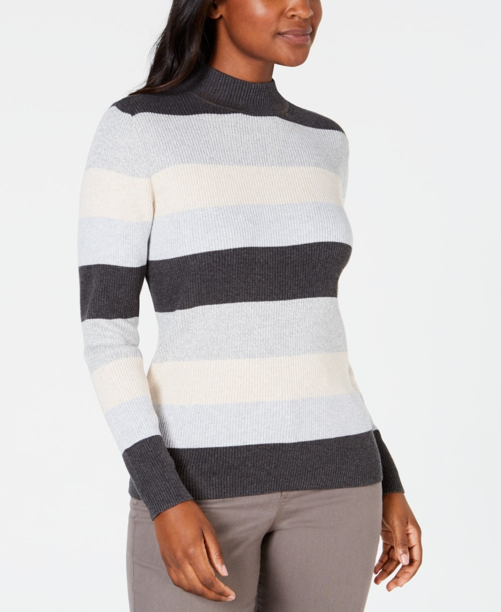 Karen Scott Women's Striped Mock Neck Cotton Sweater White/Blue Size PXL