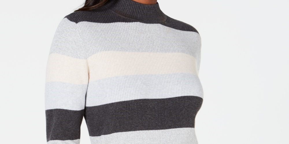 Karen Scott Women's Striped Mock Neck Cotton Sweater White/Blue Size PXL