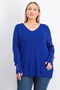JM Collection Women's Plus Button Cuff V Neck Sweater Blue Size -0X