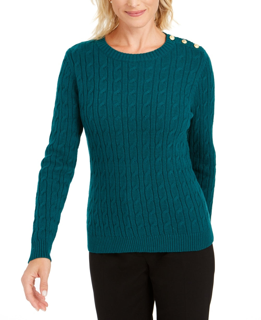 Charter Club Women's Textured Embellished Patterned Long Sleeve Jewel Neck Sweater Green Size Small