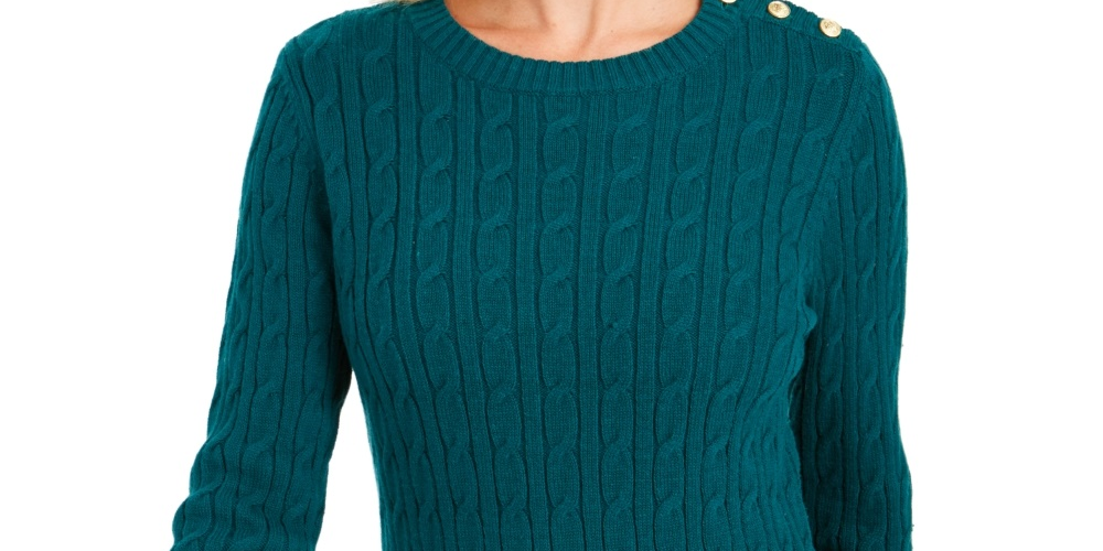Charter Club Women's Textured Embellished Patterned Long Sleeve Jewel Neck Sweater Green Size Small