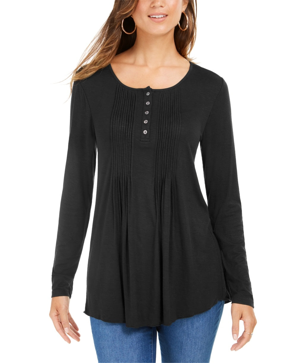Style & Co Women's Long Sleeve Pintuck Top Black Size X-Small