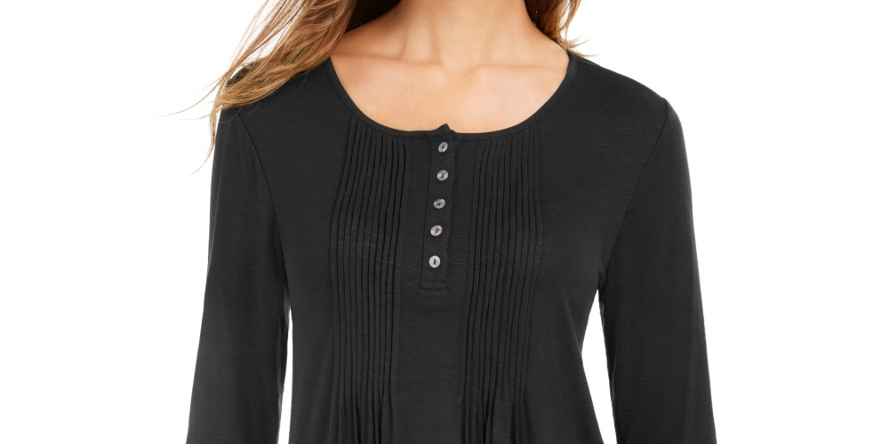 Style & Co Women's Long Sleeve Pintuck Top Black Size X-Small
