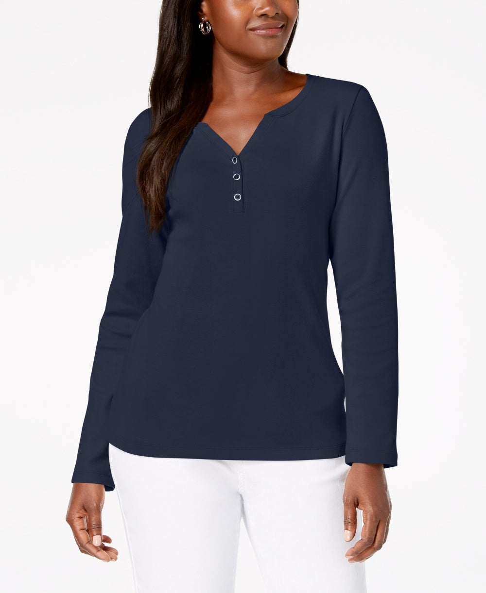 Karen Scott Women's Cotton Henley Top Blue Size Medium