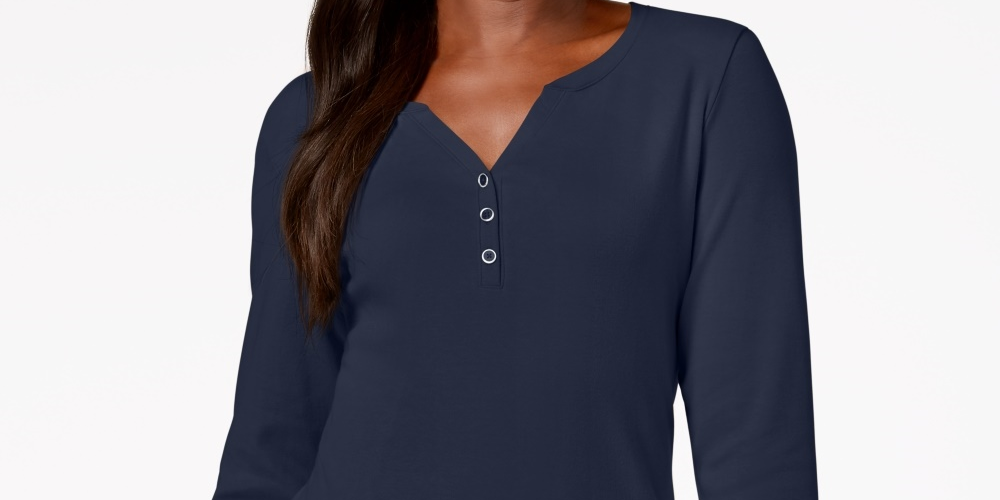 Karen Scott Women's Cotton Henley Top Blue Size Medium