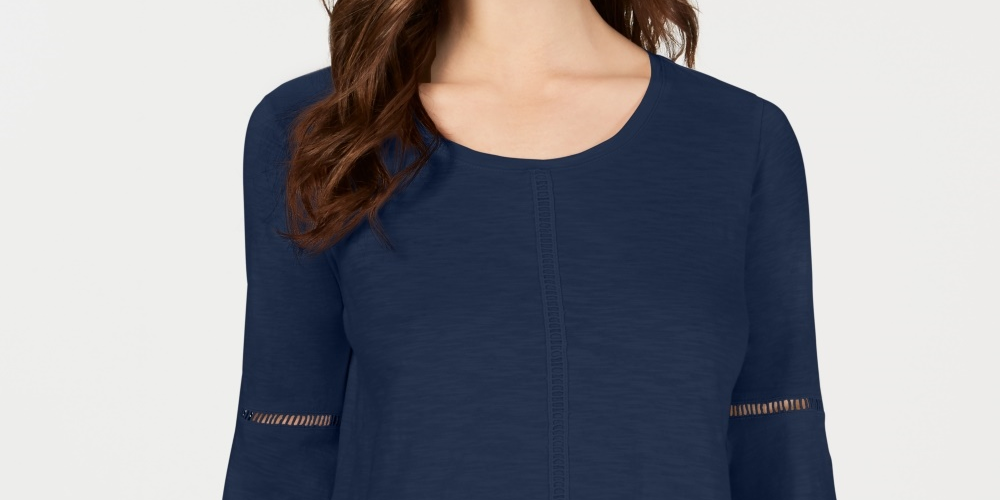 Style & Co Women's Crochet Trim Bell Sleeve Top Blue Size X-Small