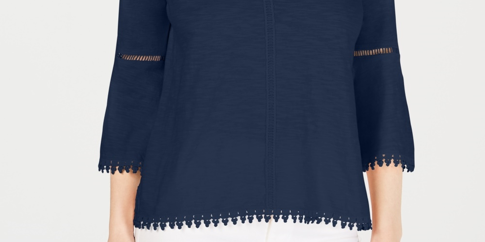 Style & Co Women's Crochet Trim Bell Sleeve Top Blue Size X-Small