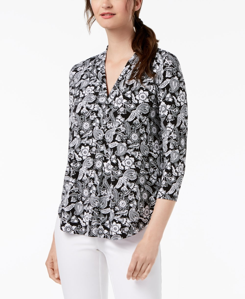 Charter Club Women's Printed V-Neck Top Black Size XX-Large