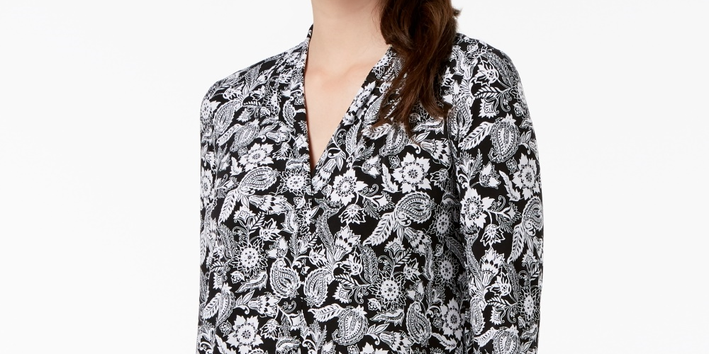 Charter Club Women's Printed V-Neck Top Black Size XX-Large