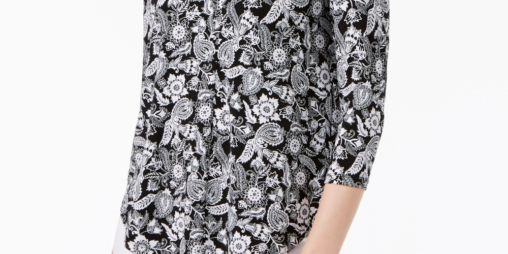 Charter Club Women's Printed V-Neck Top Black Size XX-Large