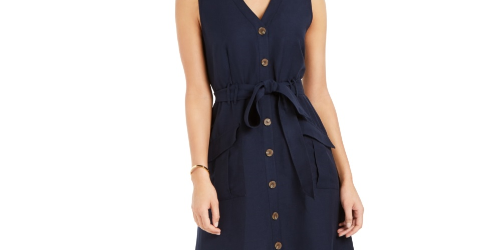 Charter Club Women's Linen Blend Button Front Dress Blue Size 4