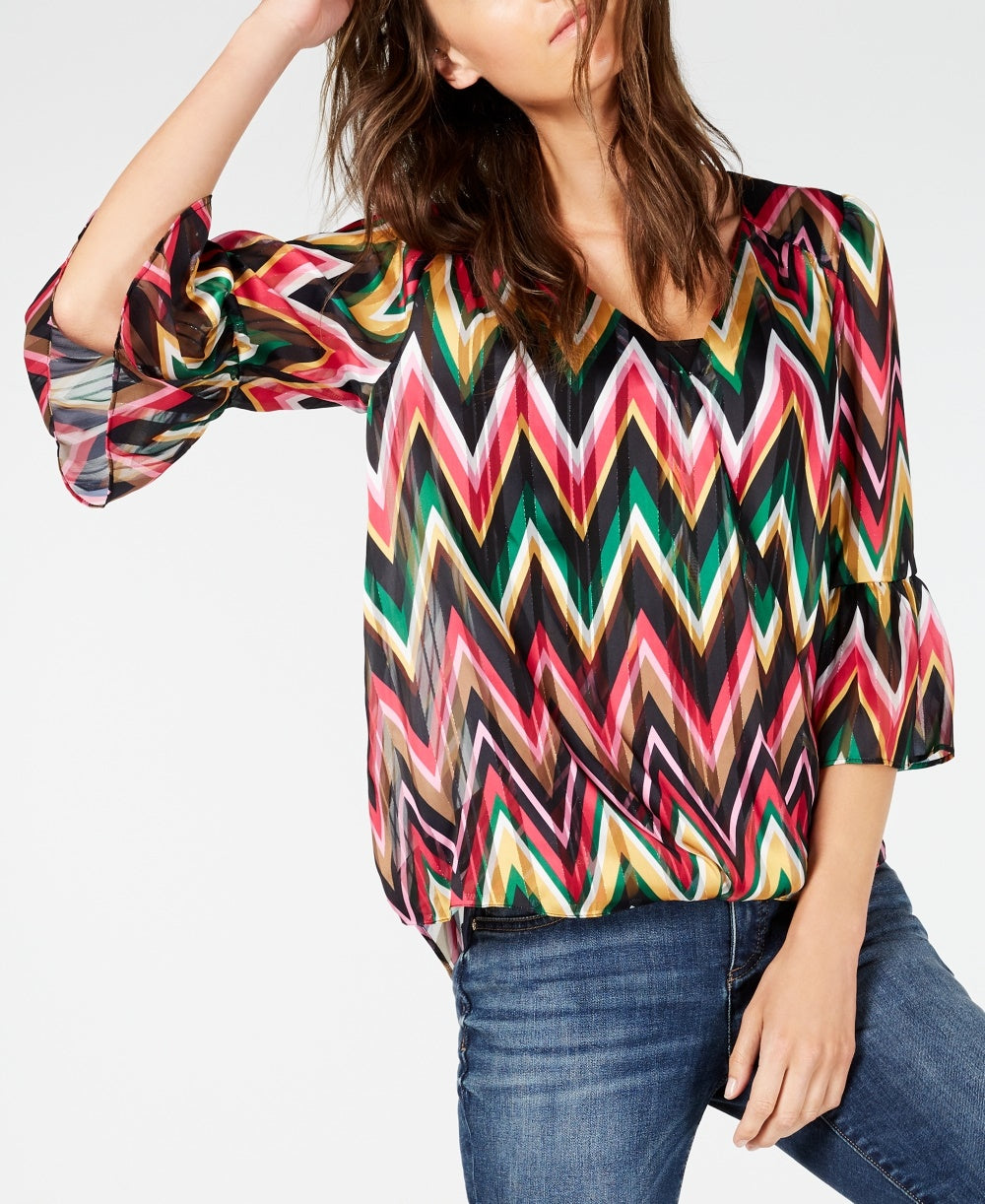 INC International Concepts Women's Zigzag-Print Bell-Sleeve Top Pink Size Petite Medium