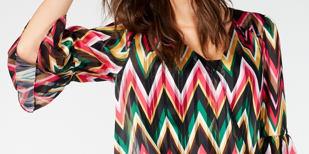 INC International Concepts Women's Zigzag-Print Bell-Sleeve Top Pink Size Petite Medium