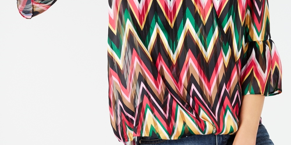 INC International Concepts Women's Zigzag-Print Bell-Sleeve Top Pink Size Petite Medium