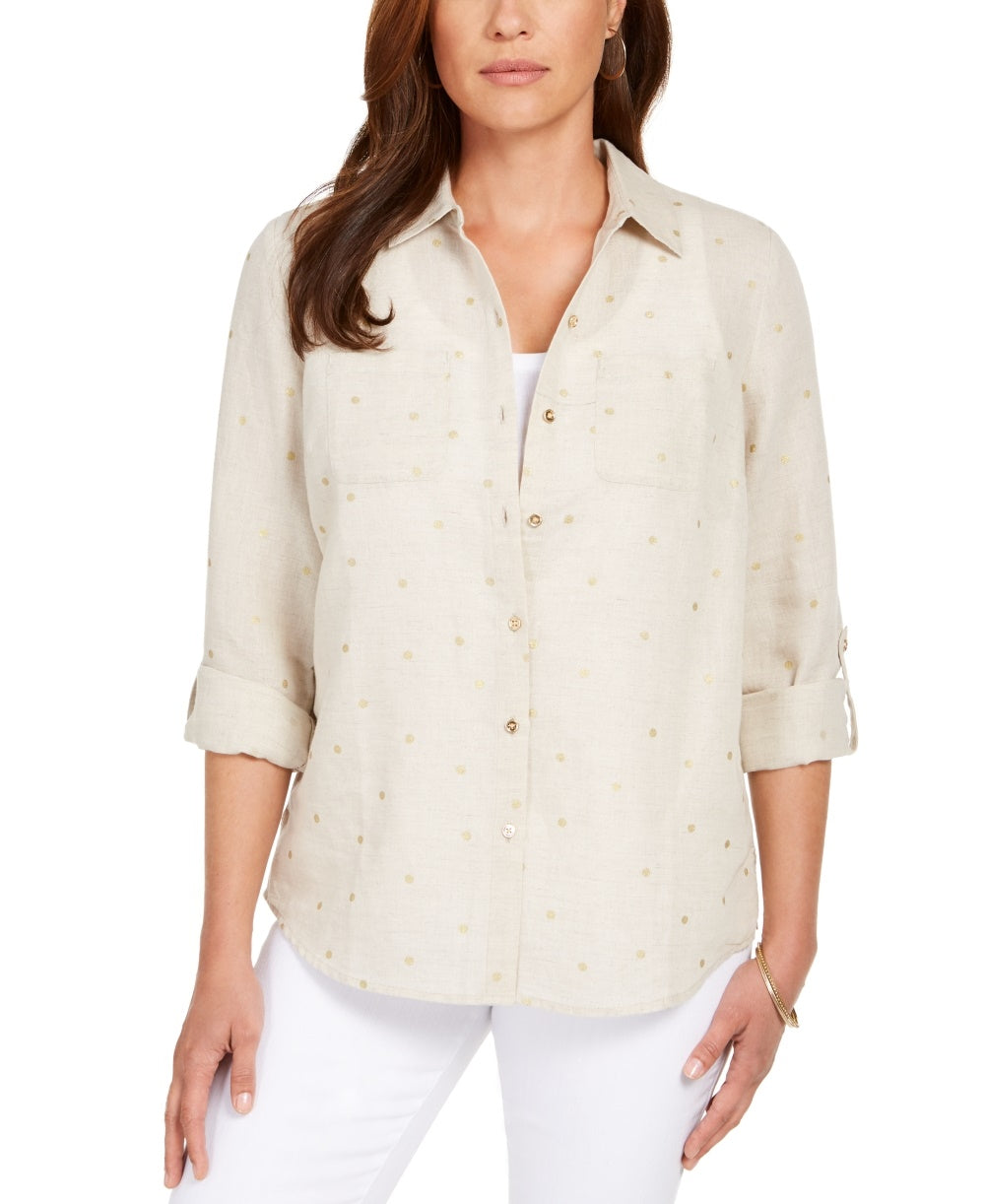 Charter Club Women's Linen Foiled Dot Shirt Brown Size Petite Small