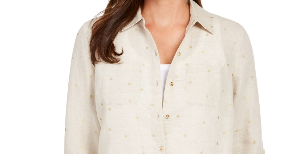 Charter Club Women's Linen Foiled Dot Shirt Brown Size Petite Small