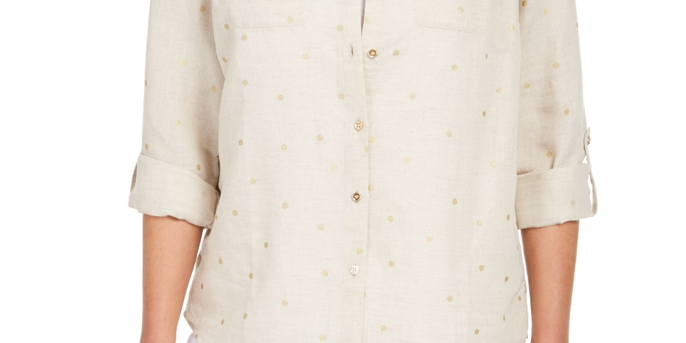Charter Club Women's Linen Foiled Dot Shirt Brown Size Petite Small