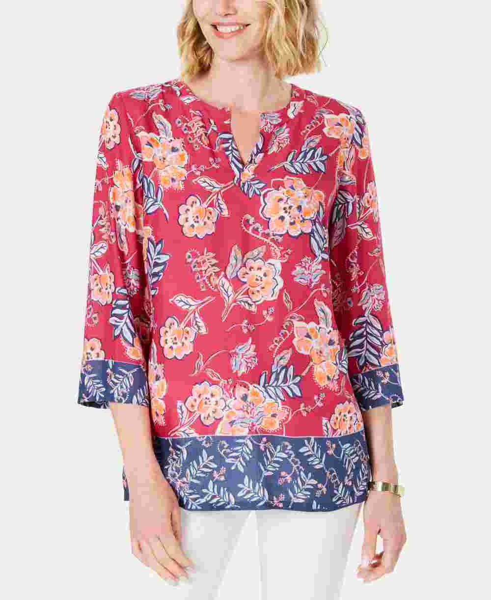 Charter Club Women's Petite Double-Floral Printed Tunic Pink Size Petite