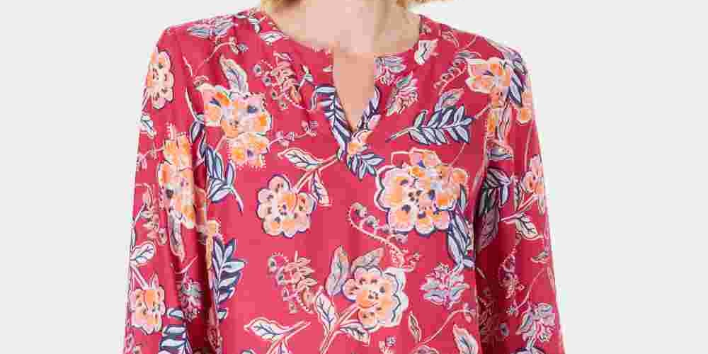 Charter Club Women's Petite Double-Floral Printed Tunic Pink Size Petite
