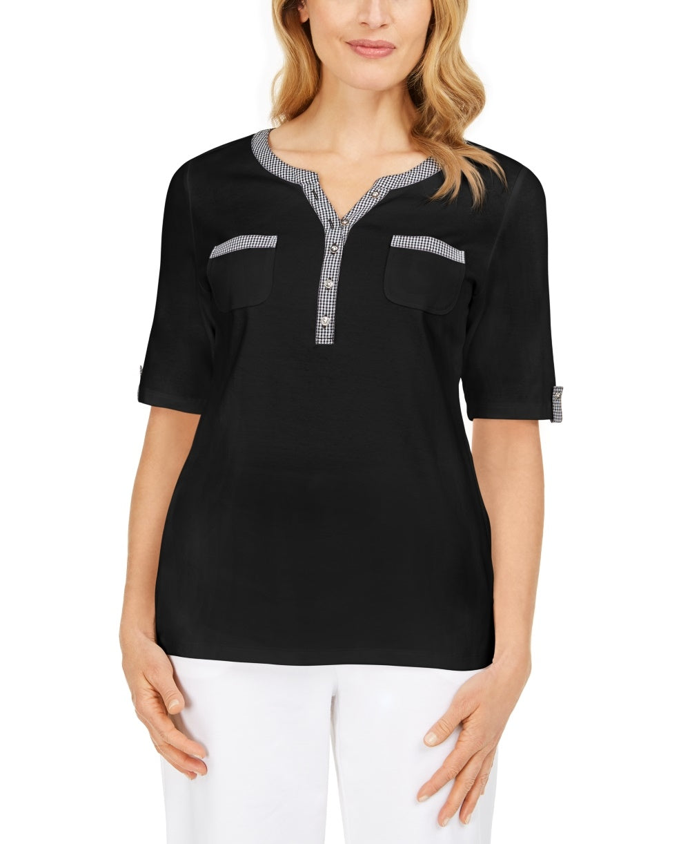 Karen Scott Women's Gingham-Trim Henley Top Black Size Small