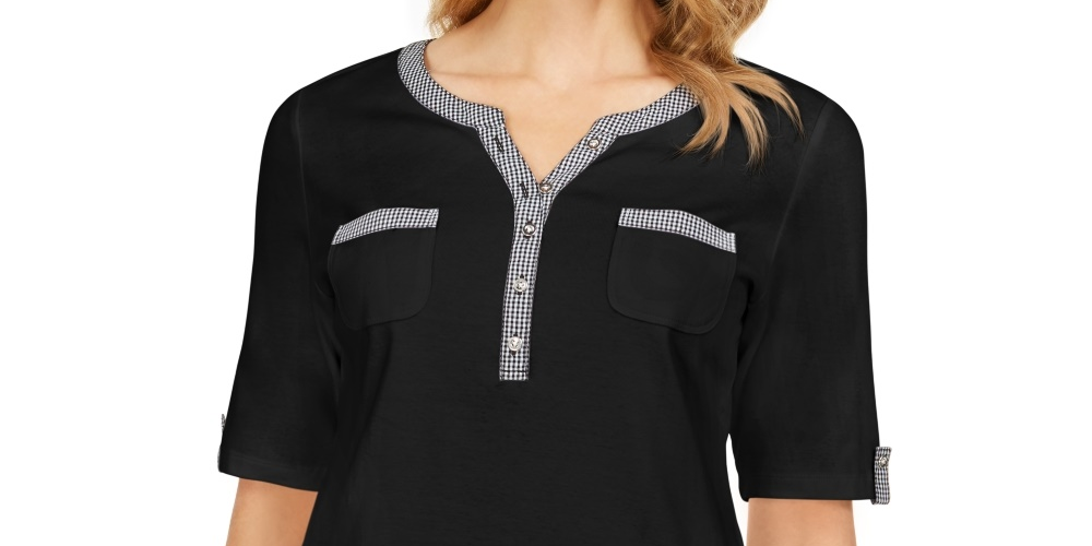 Karen Scott Women's Gingham-Trim Henley Top Black Size Small