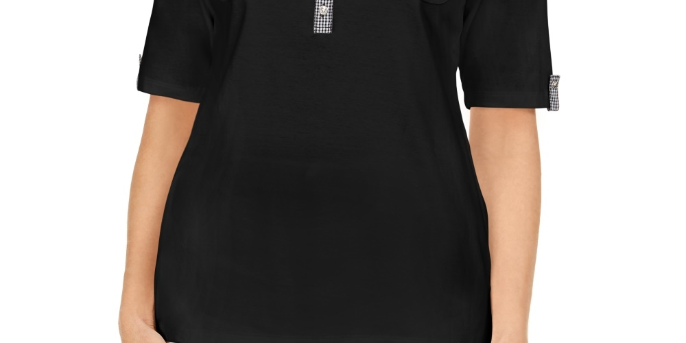 Karen Scott Women's Gingham-Trim Henley Top Black Size Small