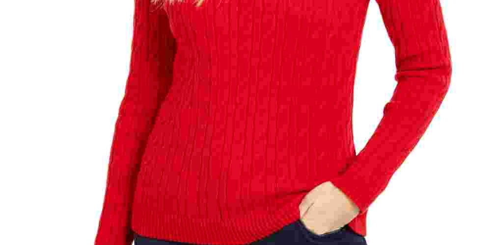 Charter Club Women's Textured Embellished Patterned Long Sleeve Jewel Neck Sweater Red Size Medium