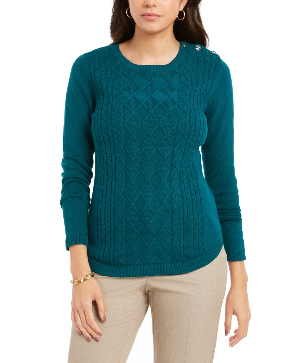 Charter Club Women's Petite Cable-Knit Button-Trim Sweater Green Size PL