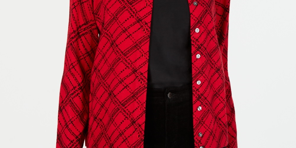 Karen Scott Women's Pamela Plaid Cardigan Red Size PL