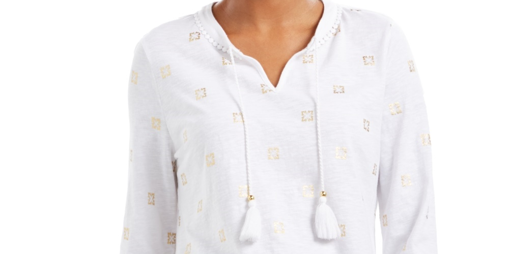 Charter Club Women's Tassel Neck 3/4 Sleeve Top  White Size X-Small