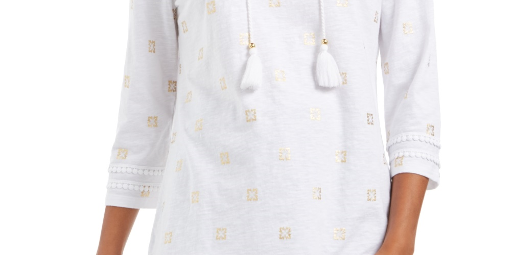 Charter Club Women's Tassel Neck 3/4 Sleeve Top  White Size X-Small