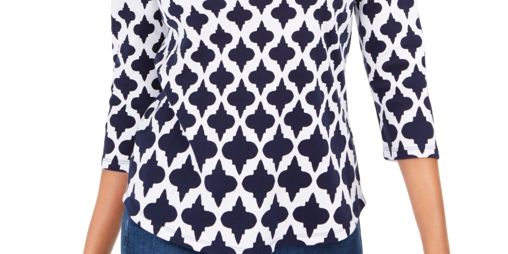 Charter Club Women's Cotton Printed Top Blue Size Petite Small