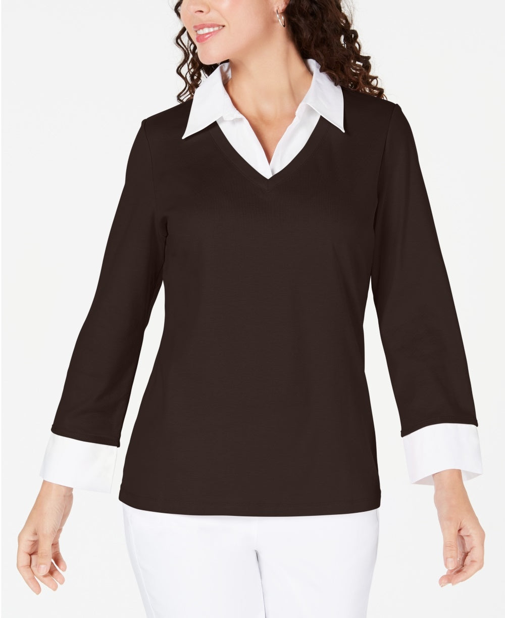 Karen Scott Women's Petite Layered-Look Cotton Top Brown Size PS
