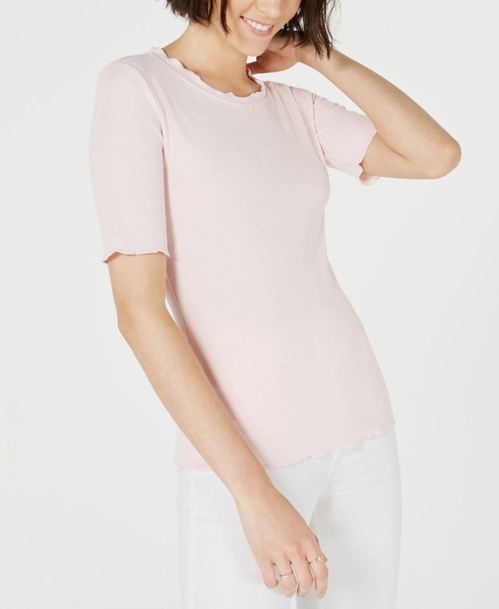 Maison Jules Women's Crewneck Elbow-Sleeve Top Pink Size Medium